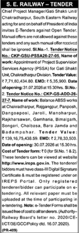 Tender Notice: Appointment of Project Supervision Services Agency and Balance ABSS Works for South Eastern Railway
