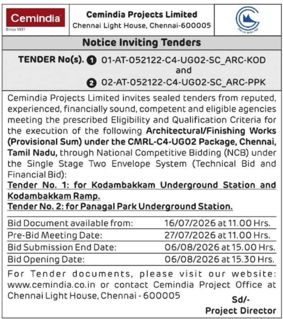 Tender Notice: Architectural and Finishing Works for CMRL Stations