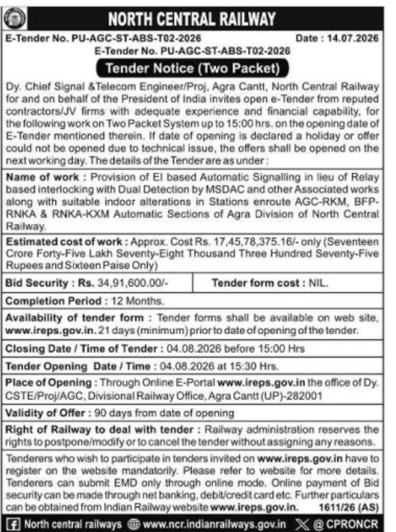 Tender Notice: Automatic Signalling Works (Agra Division)