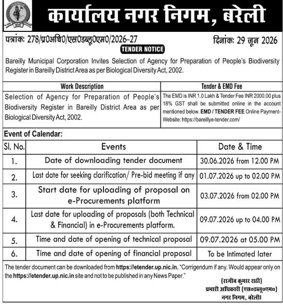 Tender Notice: Bareilly Municipal Corporation Biodiversity Register Agency Selection