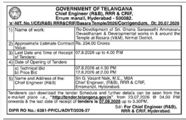 Tender Notice: Basara Temple Re-Development & Infrastructure Works