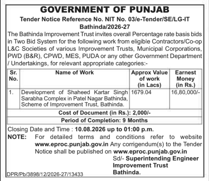 Tender Notice: Bathinda Improvement Trust Complex Development