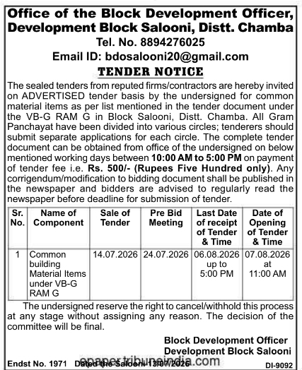Tender Notice: BDO Salooni Building Materials Supply