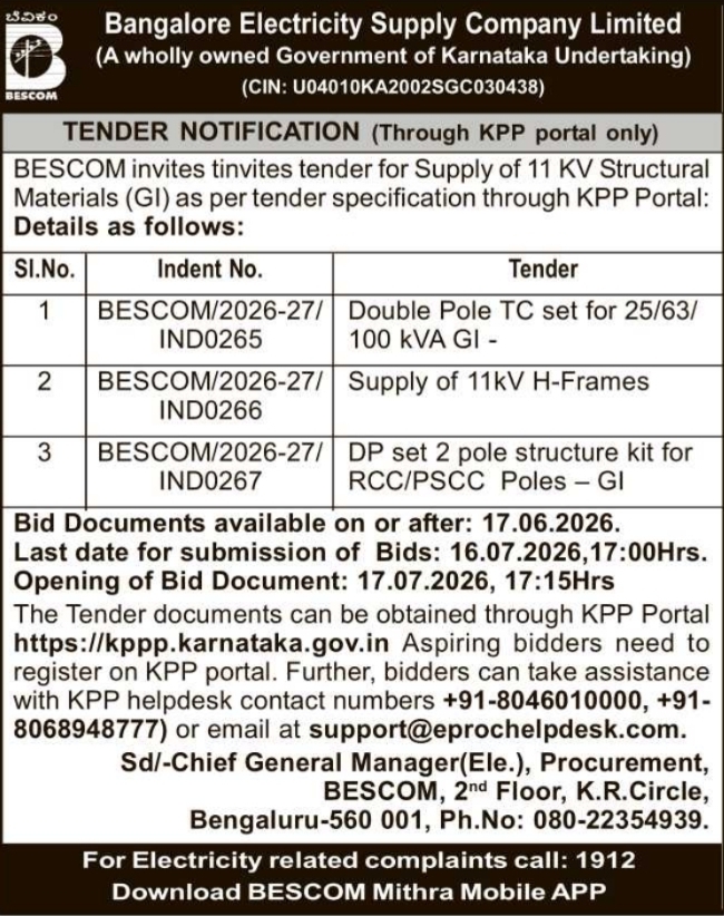 Tender Notice: BESCOM 11 KV Structural Materials Supply Tender