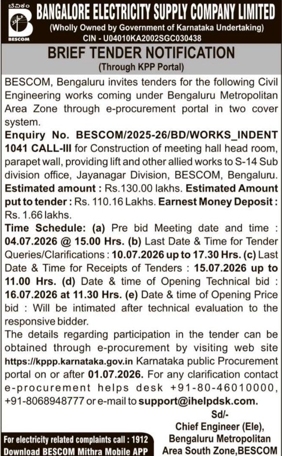 Tender Notice: BESCOM Civil Engineering Works Jayanagar Division