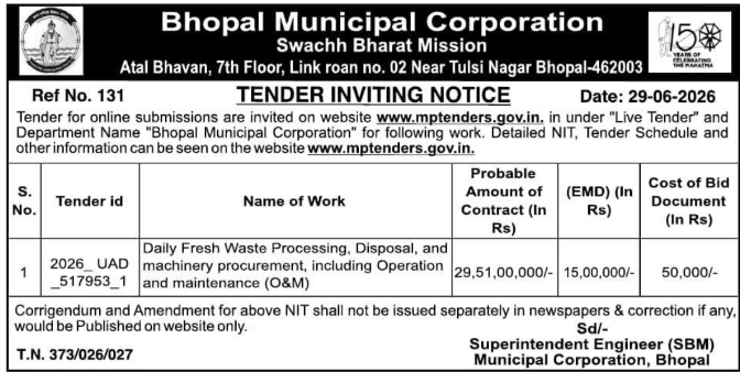 Tender Notice: Bhopal Municipal Corporation Waste Processing O&M