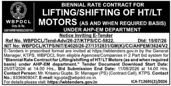 Tender Notice: Biennial Rate Contract for Lifting and Shifting Motors