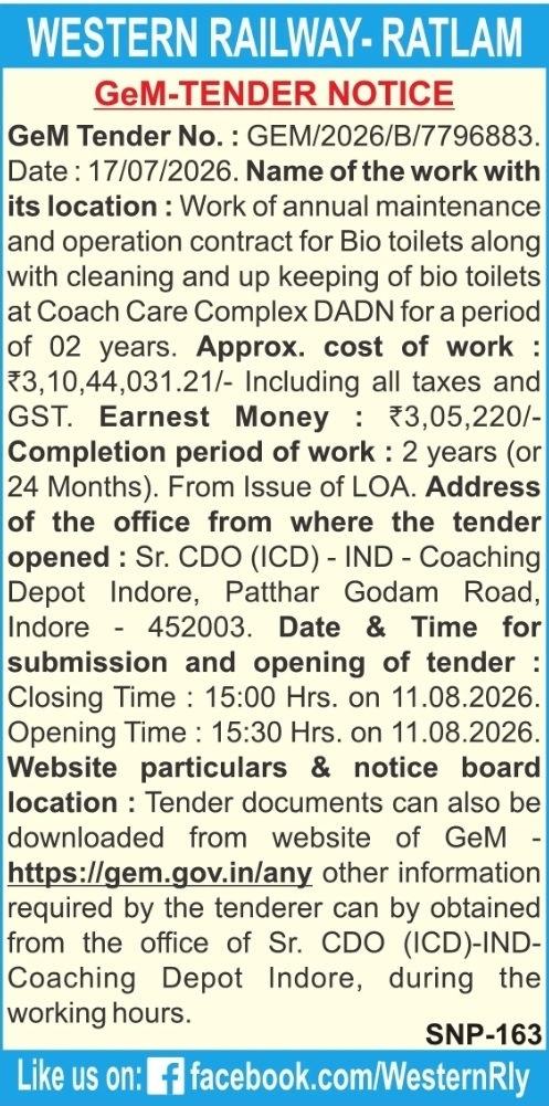 Tender Notice: Bio-Toilet Maintenance Contract at Western Railway Ratlam