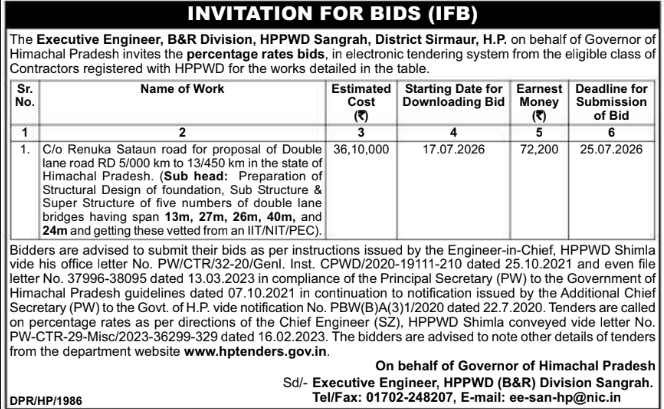 Tender Notice: Bridge Engineering Bids for HPPWD Sangrah Division