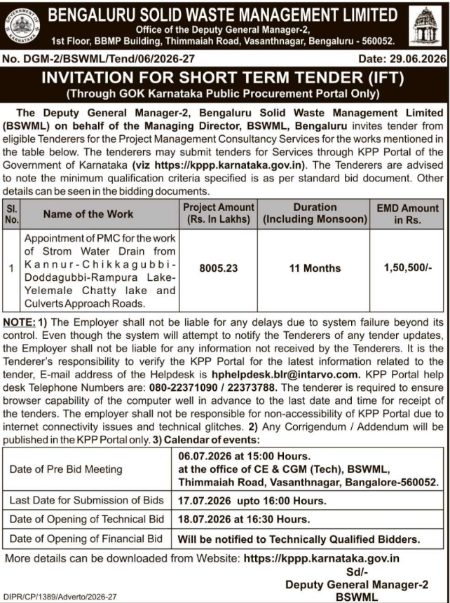Tender Notice: BSWML Storm Water Drain PMC Services