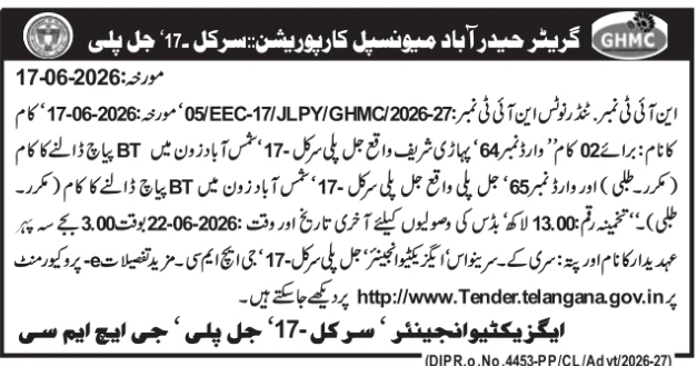 Tender Notice: BT Patching Road Works by GHMC Circle-17 Jalpally