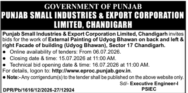 Tender Notice: Building External Painting by PSIEC Chandigarh