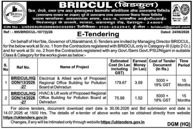 Tender Notice: Building Infrastructure Works by BRIDCUL Uttarakhand