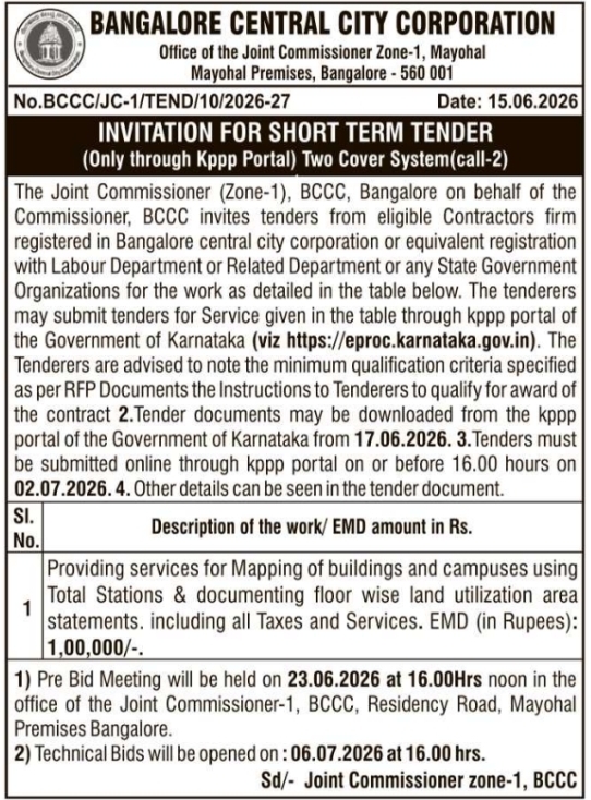Tender Notice: Building Mapping Services for Bangalore Central City Corporation