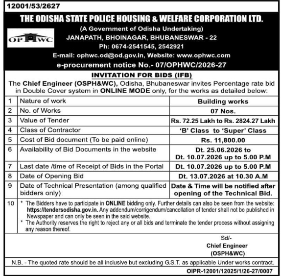 Tender Notice: Building Works by Odisha State Police Housing & Welfare Corporation