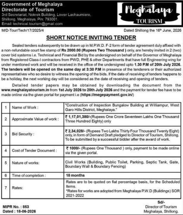 Tender Notice: Bungalow Construction Directorate of Tourism Meghalaya
