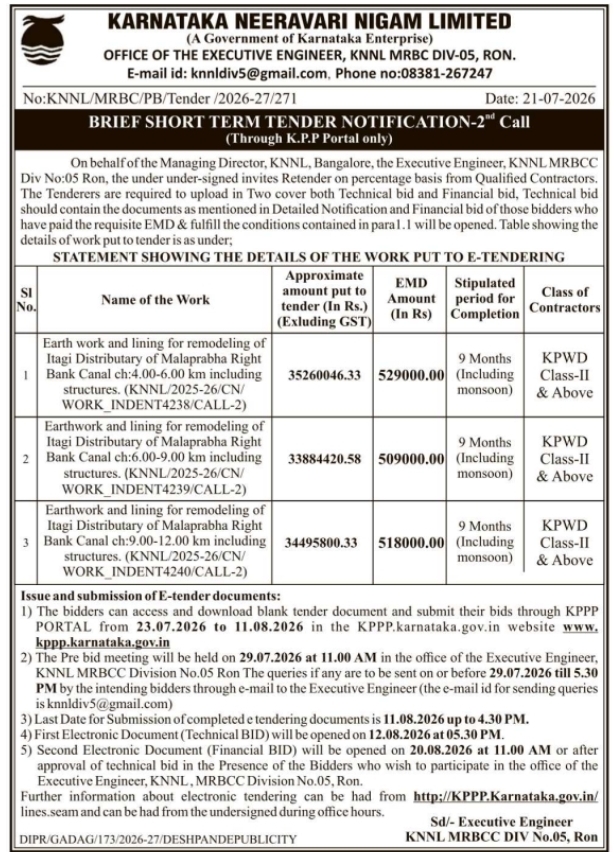 Tender Notice: Canal Remodeling Works (KNNL)