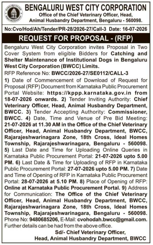 Tender Notice: Canine Management & Shelter Maintenance