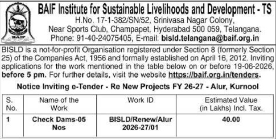 Tender Notice: Check Dam Construction for BAIF Institute Telangana