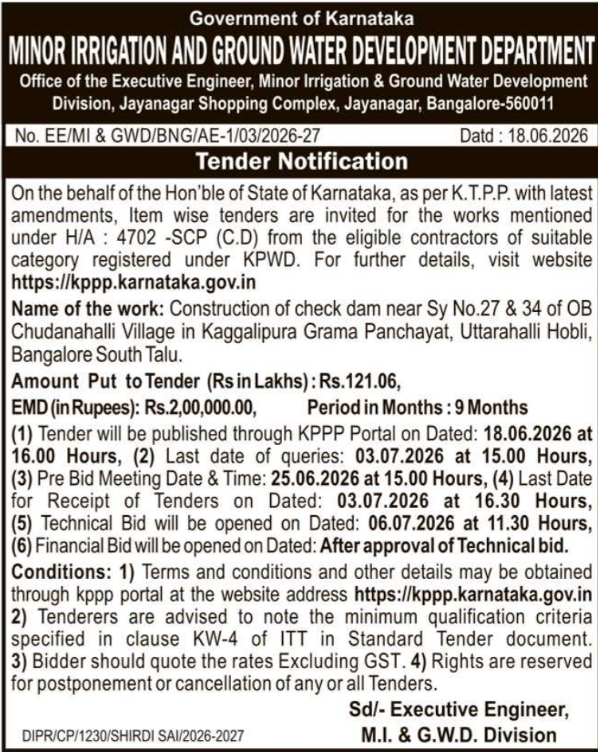 Tender Notice: Check Dam Construction MIGWDD Bengaluru