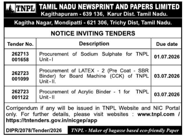 Tender Notice: Chemical and Binder Procurement TNPL