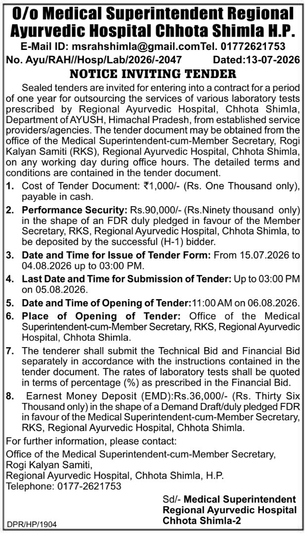 Tender Notice: Chhota Shimla Regional Ayurvedic Hospital Laboratory Contract