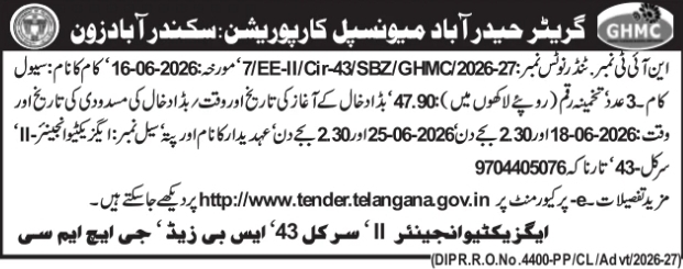 Tender Notice: Civil Infrastructure Works by GHMC Secunderabad Zone