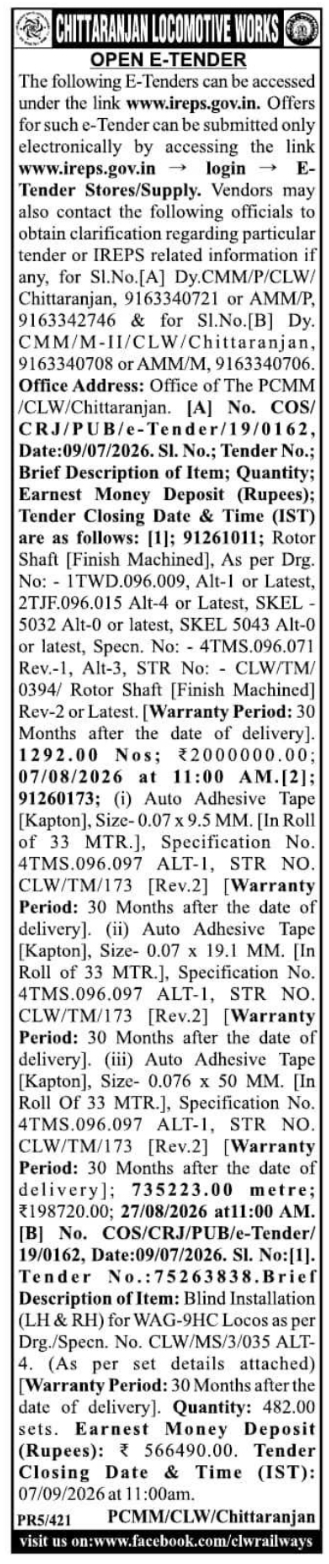 Tender Notice: CLW Locomotive Stores & Components Supply