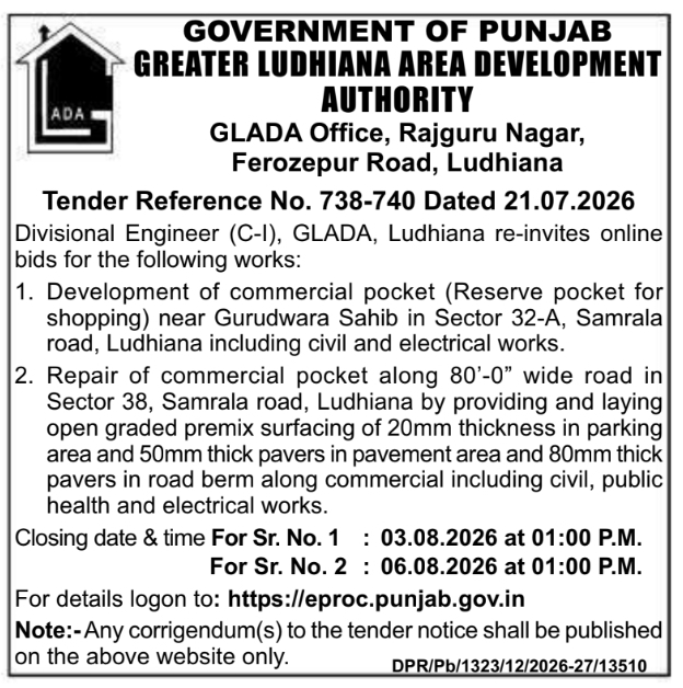 Tender Notice: Commercial Pocket Development & Repair (GLADA)