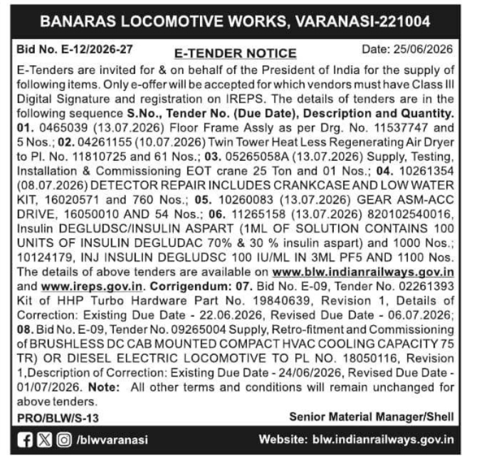Tender Notice: Component Procurement by Banaras Locomotive Works
