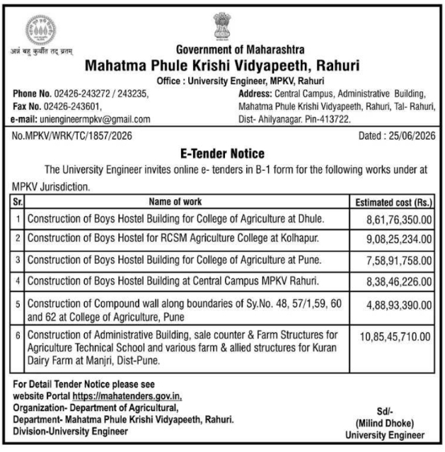 Tender Notice: Construction and Infrastructure Works by MPKV, Rahuri