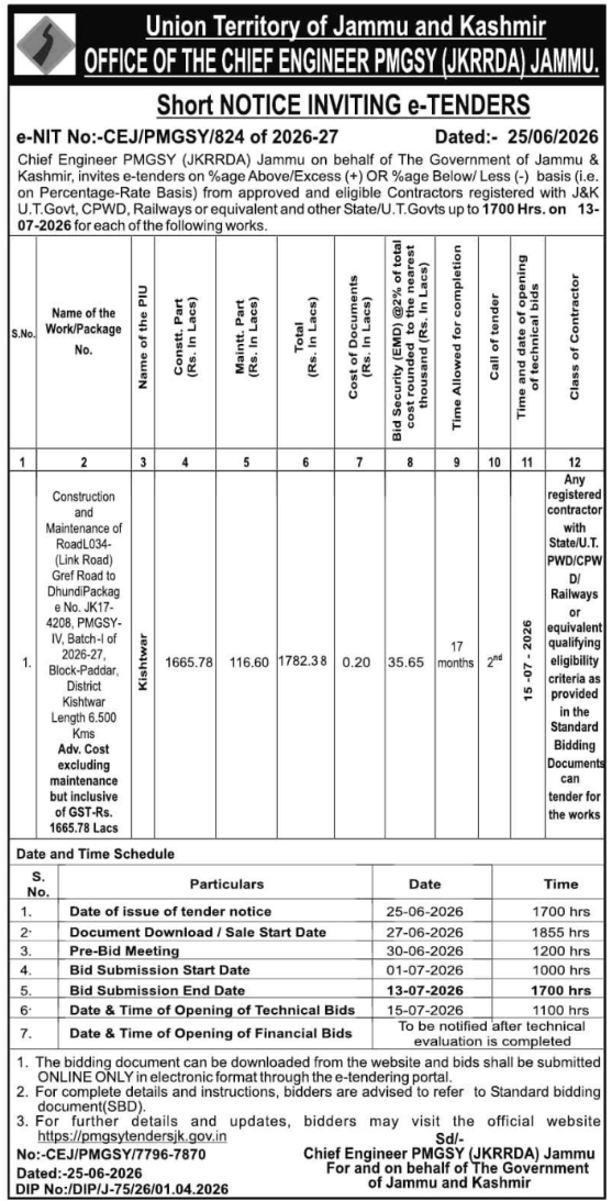 Tender Notice: Construction and Maintenance of Road in Kishtwar