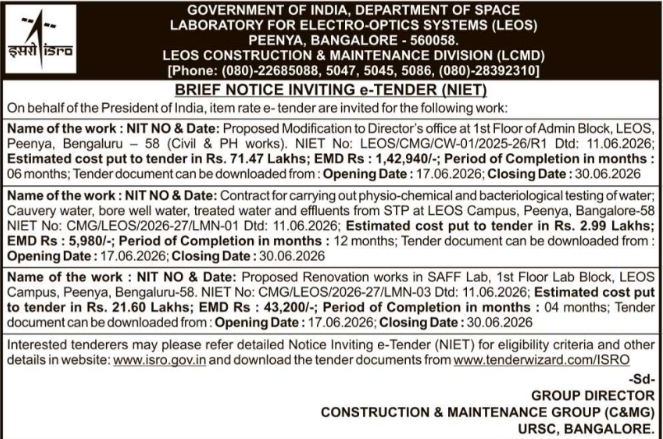 Tender Notice: Construction and Testing Works ISRO LEOS Bengaluru