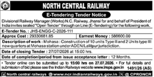 Tender Notice: Construction of Quarter Units at Mohasa Station for North Central Railway