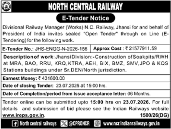 Tender Notice: Construction of Soakpits and Rainwater Harvesting Buildings for North Central Railway