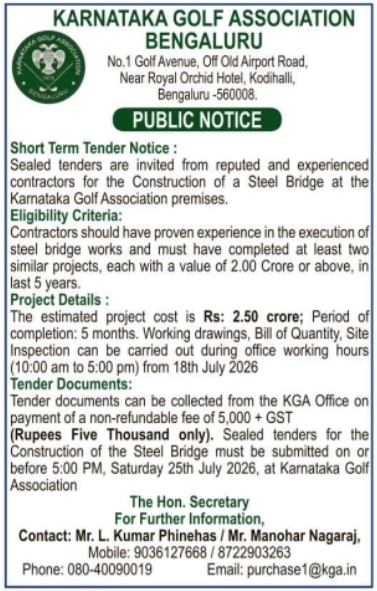 Tender Notice: Construction of Steel Bridge at KGA Premises