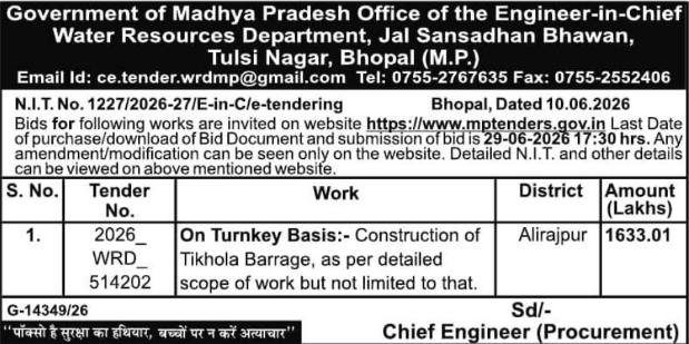 Tender Notice: Construction of Tikhola Barrage in Alirajpur District