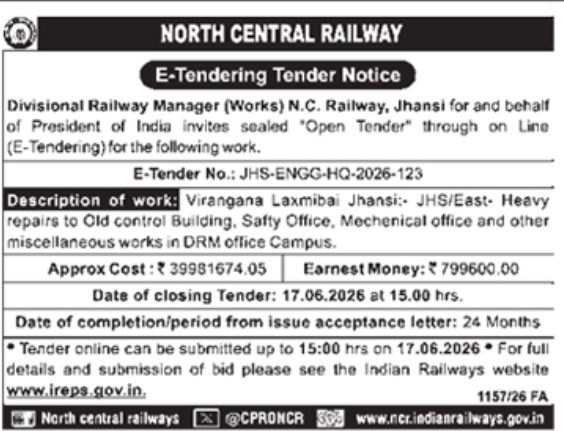 Tender Notice: Construction & Repair Works at North Central Railway
