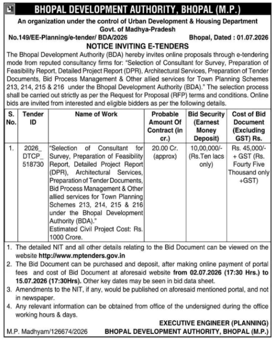 Tender Notice: Consultancy Services at Bhopal Development Authority