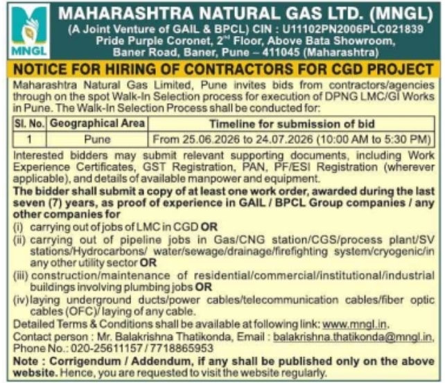 Tender Notice: Contractor Hiring for CGD Project by Maharashtra Natural Gas Limited