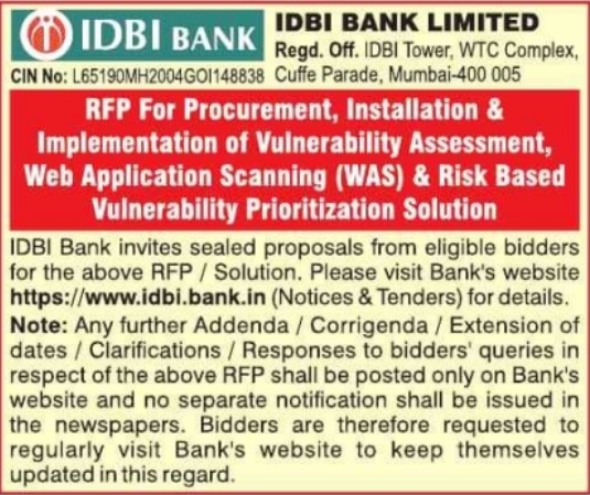 Tender Notice: Cybersecurity and Vulnerability Management Solutions at IDBI Bank