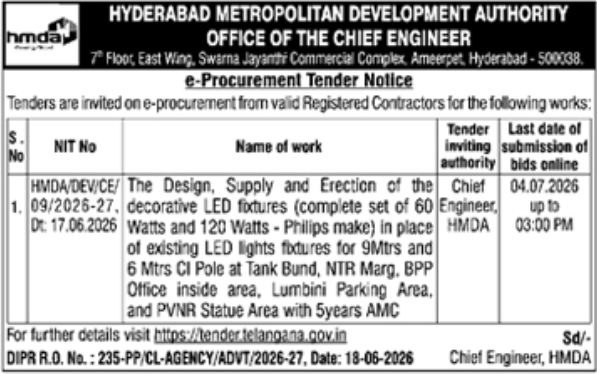 Tender Notice: Decorative LED Fixtures Installation HMDA Hyderabad