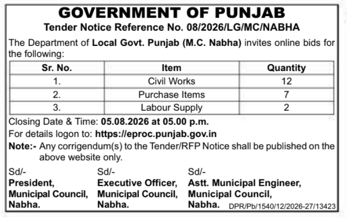 Tender Notice: Department of Local Govt. Punjab Civil and Labour Works