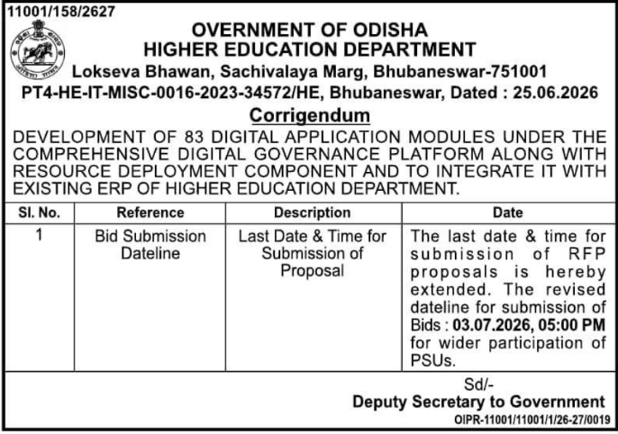 Tender Notice: Digital Platform Corrigendum by Odisha Higher Education Department