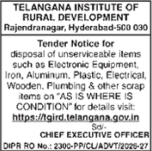 Tender Notice: Disposal of Unserviceable Items (Rajendranagar)