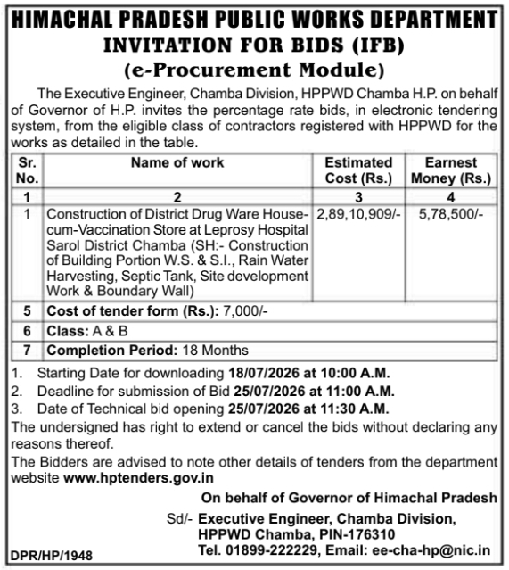 Tender Notice: District Drug Warehouse Construction by HPPWD Chamba
