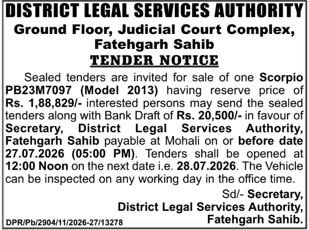 Tender Notice: DLSA Fatehgarh Sahib Scorpio Vehicle Sale