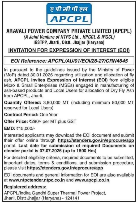 Tender Notice: Dry Fly Ash Allocation APCPL Jhajjar