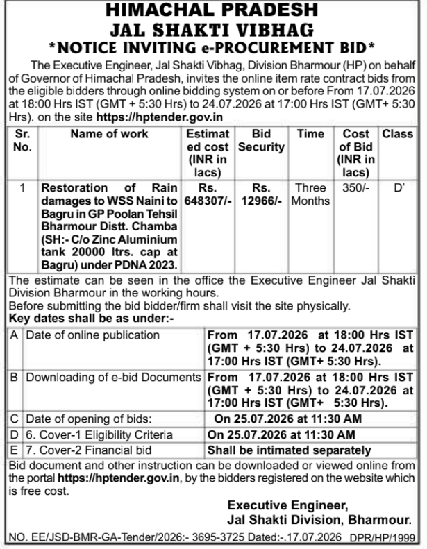 Tender Notice: e-Procurement Bid for Jal Shakti Vibhag, Bharmour