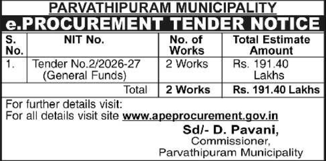 Tender Notice: E-Procurement for Parvathipuram Municipality
